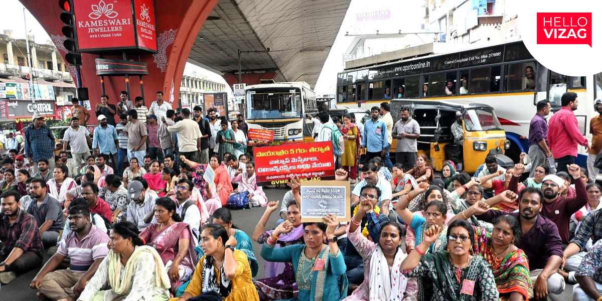Village, Ward Secretariat Staff Protest Chokes Vizag’s Busy RTC Complex Junction