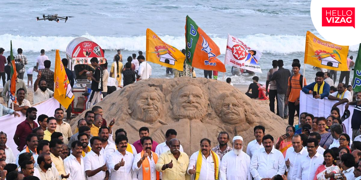 Sand Sculpture of Modi, Chandrababu Naidu and Pawan Kalyan Unveiled at Vizag’s RK Beach